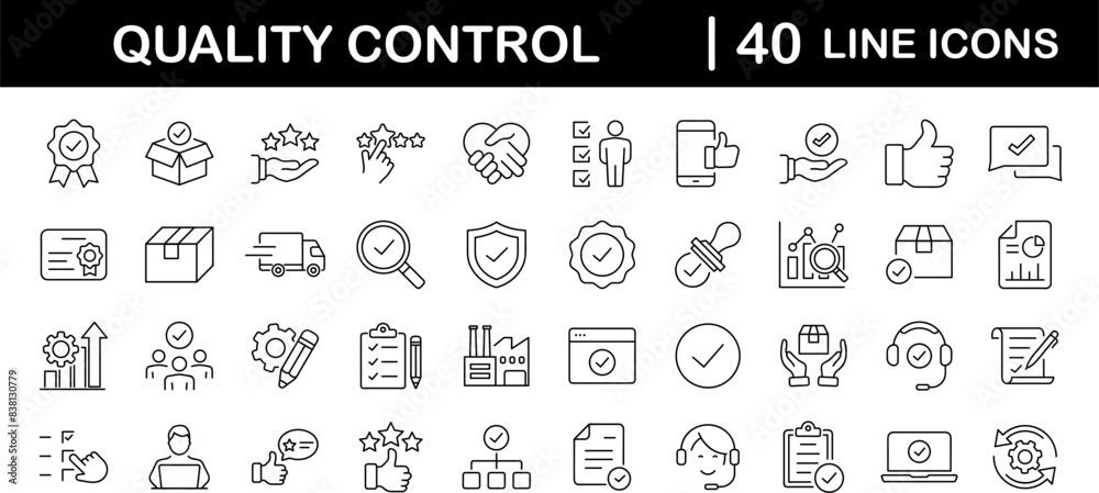 Fototapete Quality control set of web icons in line style. Quality Check computing icons for web and mobile app. Containing inspection, evaluation, production, quality assurance, certificate, testing and more