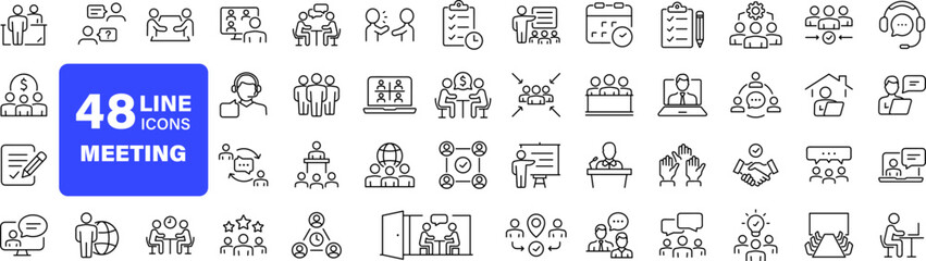 Meeting set of web icons in line style. Live webinar icons for web and mobile app. Containing conference, business meeting, classroom, team, interview, conference, work, discussion and more
