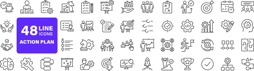 Action plan set of web icons in line style. Strategy action planning icons for web and mobile app. Containing strategy, analysis, planning, strategy, analysis, tasks, goal, implementation and more © SMUX