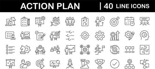 Action plan set of web icons in line style. Strategy action planning icons for web and mobile app. Containing strategy, analysis, planning, strategy, analysis, tasks, goal, implementation and more © SMUX