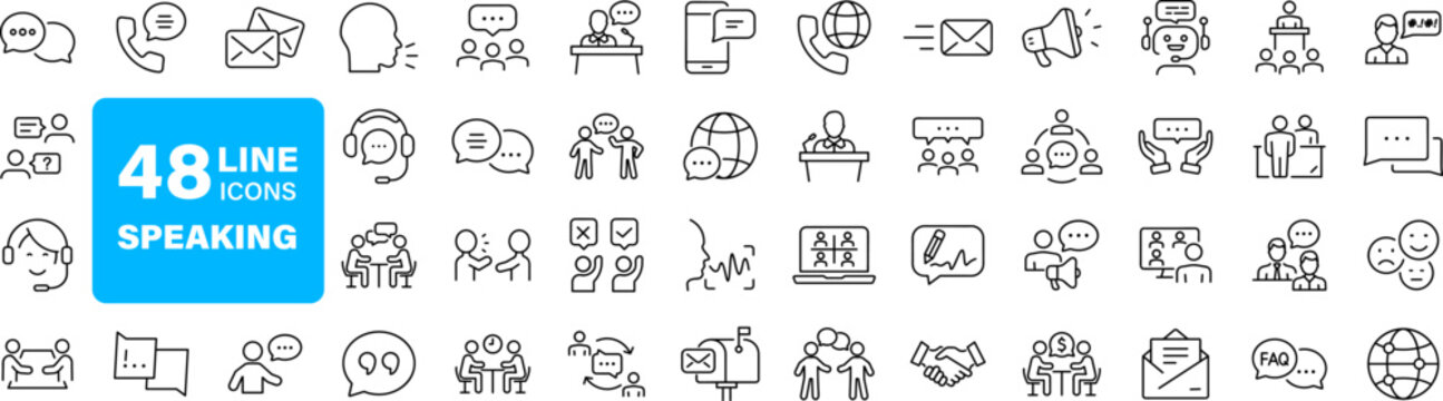 Speaking set of web icons in line style. Communication icons for web and mobile app. Containing people, communication, talking, discussion, speech bubble, team, support and more