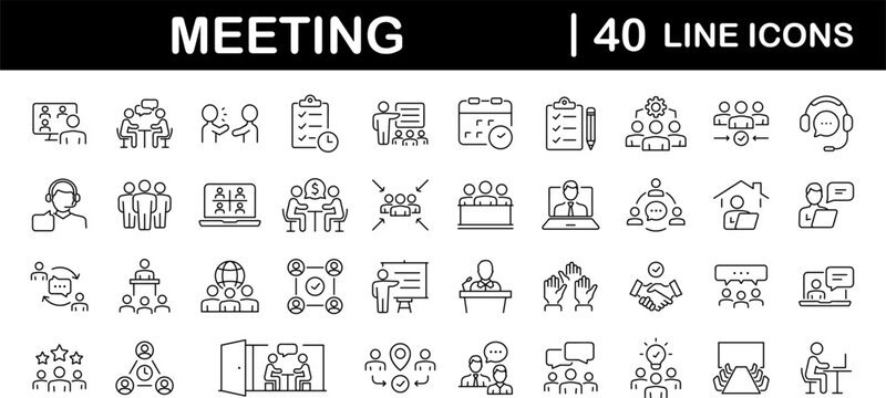 Meeting set of web icons in line style. Live webinar icons for web and mobile app. Containing conference, business meeting, classroom, team, interview, conference, work, discussion and more