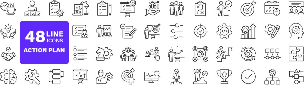 Action plan set of web icons in line style. Strategy action planning icons for web and mobile app. Containing strategy, analysis, planning, strategy, analysis, tasks, goal, implementation and more