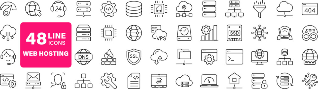 Web hosting set of web icons in line style. Hosting and cloud computing icons for web and mobile app. Containing webspace, data exchange, domain, cloud, website, server, traffic and service and more