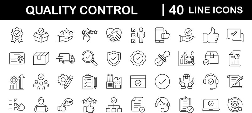 Quality control set of web icons in line style. Quality Check computing icons for web and mobile app. Containing inspection, evaluation, production, quality assurance, certificate, testing and more