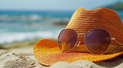 Sunglasses and an orange straw hat on a sandy beach, suggesting a carefree summer vacation, Generative AI.