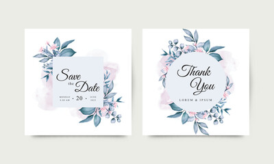 a pair of wedding cards with watercolor flowers and leaves