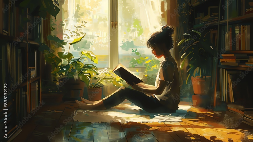 Wall mural Young woman reading a book by the window in a cozy room.