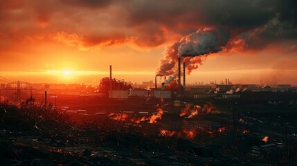 Fototapeta premium A mesmerizing sunset paints the sky with fiery hues as plumes of smoke billow from industrial chimneys, a stark contrast between beauty and pollution.