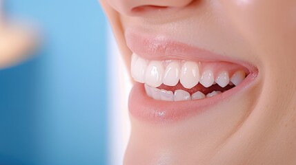 Obraz premium Close-up of a woman's smiling mouth with white teeth and glossy lips