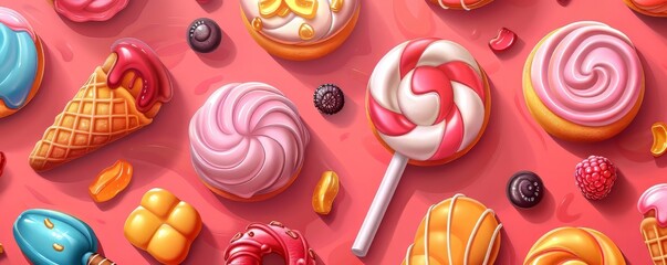 Colorful Sweets and Treats on Pink Background