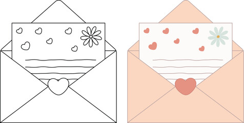 Envelope with hearts outline coloring page. Postal envelope with spring flowers, gentle postcard for a message, congratulations on the spring holiday, birthday, flat pattern, pastel colors.