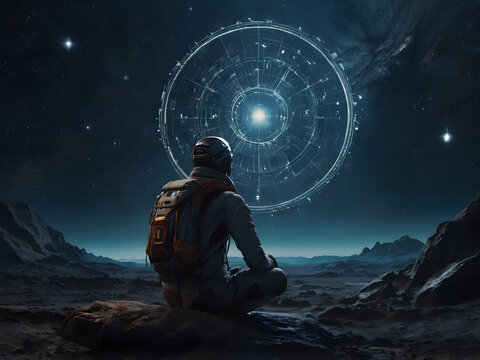 A curious explorer encounters a mysterious artificial intelligence while traveling through space. Interaction between traveler and artificial intelligence.