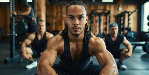 A muscular man with dreadlocks squats in a gym, his focused expression visible. Two other men in the background are also working out