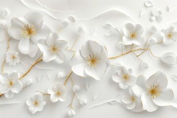 3d wallpaper white background with golden flowers and leaves on branch