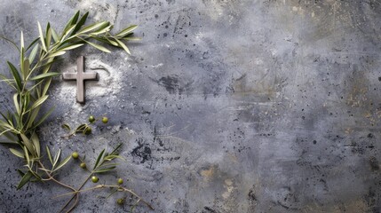 Ash Wednesday with cross, ashes and olive leaves on stone background. generative ai