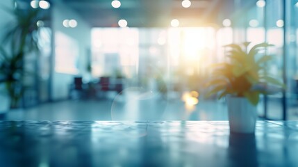 Fototapeta premium Blurred Office Background with Sunbeams and a Tabletop for Product Display