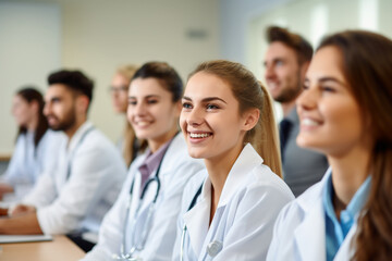 Smiling Medical Students Are In A Classroom, Wearing Medical Uniform, Generative AI. 