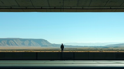 Obraz premium The Road Warrior's Brief Sanctuary Capturing a Moment of Solitude at a Busy Highway