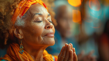 An elderly black woman expresses gratitude during Thanksgiving by folding her hands in prayer