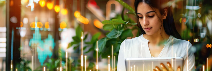 A young woman works on a tablet in a cafe, with an overlay of data visualization graphics in the background