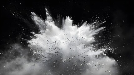 White powder explosion, pure black background, high contrast, cool tones, highlights and shadows intertwined.