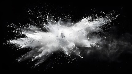 White powder explosion, pure black background, high contrast, cool tones, highlights and shadows intertwined.