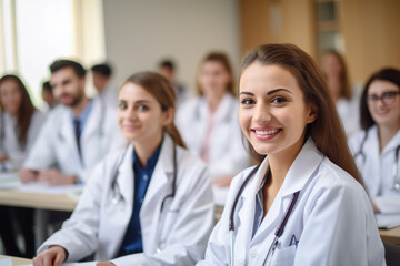 Fototapeta premium Smiling Medical Students Are In A Classroom, Wearing Medical Uniform, Generative AI. 