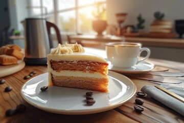 Slice of delicious layer cake with coffee on a wooden table in a cozy sunlight-filled kitchen, perfect for breakfast or dessert.