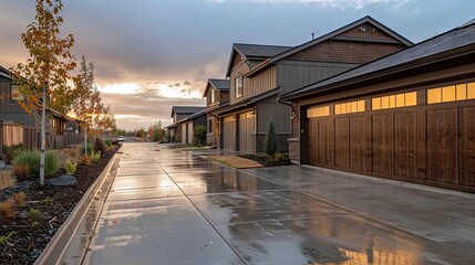 Beautiful Modern House with Sunset Reflections on Wet Pavement