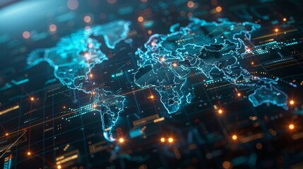 Obraz premium Tech world map, computing global network, artificial intelligence connectivity 