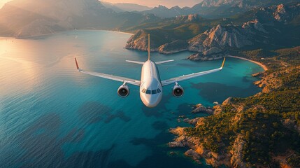 Fototapeta premium Aircraft is flying over islands and sea at sunrise in summer. Landscape with white passenger airplane, seashore, 