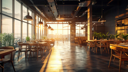 Interior of modern casual cafe with panoramic windows