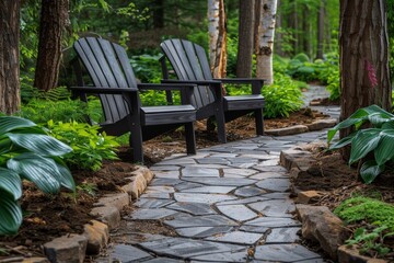 Two Black Adirondack Chairs on a Stone Path in a Lush Forest Garden