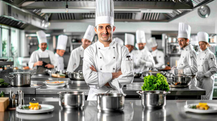 Team of chefs in professional kitchen