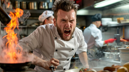 Fototapeta premium Mad cook throwing tantrum at sis workplace. Stressful job, work against the clock
