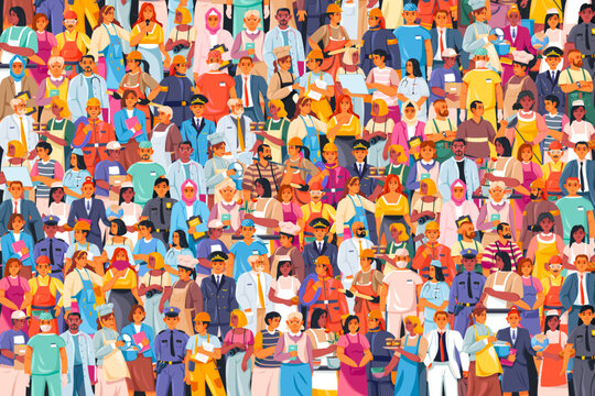 Job professions crowd. Different occupation career diverse people together, labor union of professional workers claim, work uniform profession