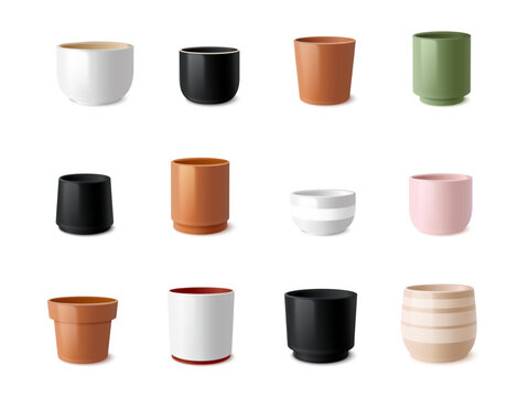 Realistic flower pots. Clay pot for flower house plant potting, terracotta ceramic flowerpot mockup, plastic cylinder white vase garden flowerpots 3d exact vector illustration