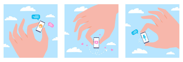 Hands holding little phone. Giant hand with tiny smartphones social media likes addiction concept, trendy internet like heart mobile chat contact cartoon vector illustration