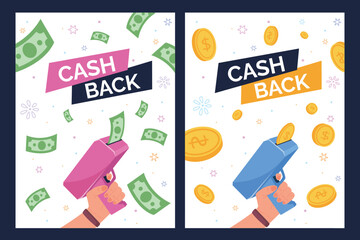 Money gun banner. Hand holding guns machine toy and shoot cash fly coupon or falling coins, sale discount announcement benefit