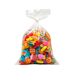 A clear bag filled with colorful assorted candies, offering a delightful variety of sweet treats perfect for any occasion or celebration, transparent background, PNG