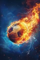 Fototapeta premium Soccer ball with flames and lightning flying