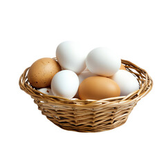 A woven basket filled with white and brown eggs. Fresh eggs symbolize nature's bounty, ready for cooking or baking in the kitchen.PNG, transparent background
