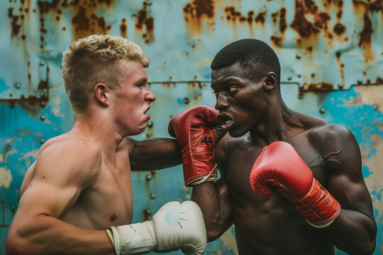 2 race Boxing Duo, Caucasian and African Boxers, Athletic Competition, Sports Unity, Powerful Boxing banner, Fitness Enthusiasts, Dynamic Sports Action, Boxers in Action, two man fighting wrestling