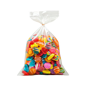 A clear bag filled with colorful assorted candies, offering a delightful variety of sweet treats perfect for any occasion or celebration, transparent background, PNG