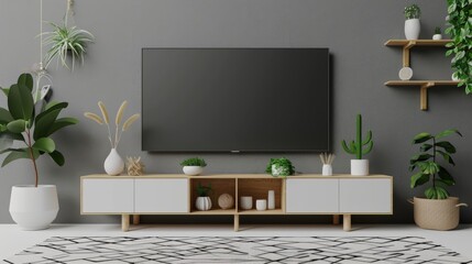 In this mockup, a TV is mounted on a wall with decoration on a transparent background in a living room.
