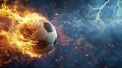 Fototapeta premium Soccer ball with flames and lightning flying