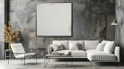 This mockup poster frame has a modern background with a sofa and an armchair in a living room decorated with artwork