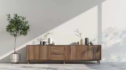 Obraz premium Decorative wood cabinets and accessories in a white living room interior