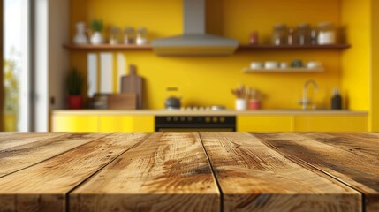 Table top made of wood and blurred background in yellow kitchen room- 3D rendering
